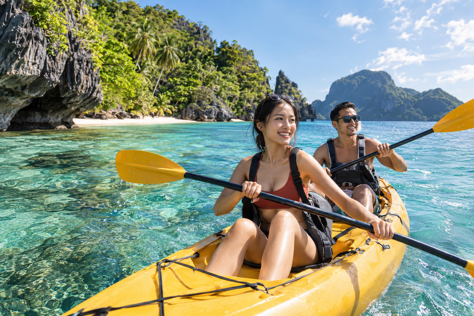 A couple kayaking along a bright tropical coastline