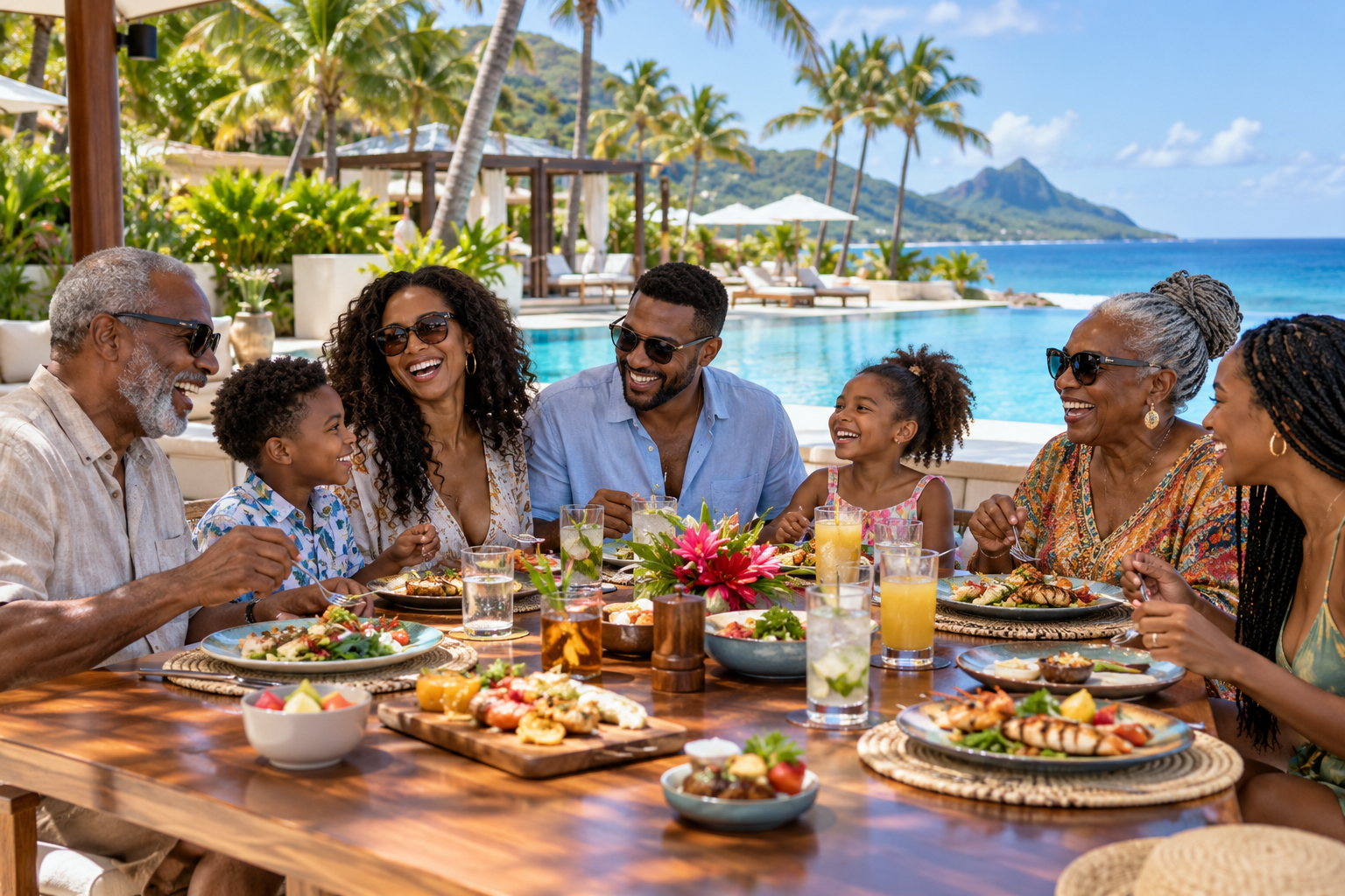 A multigenerational African American family sharing lunch beside a resort pool